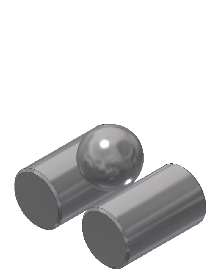 A sphere or ball in a groove made by two parallel cylinders.
