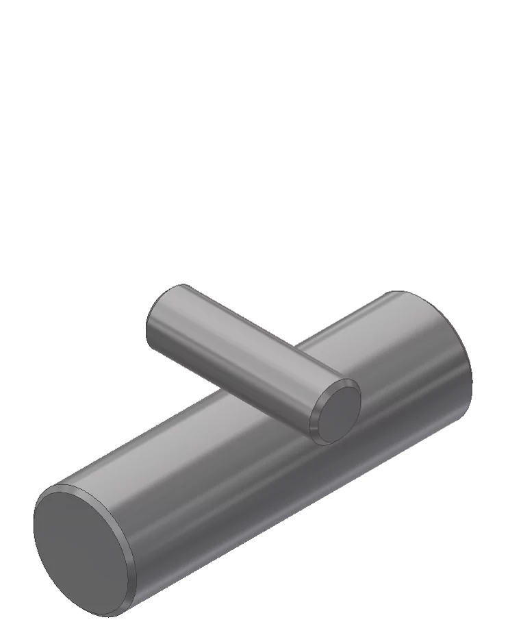 Two perpendicular cylinders having unequal diameters in contact.